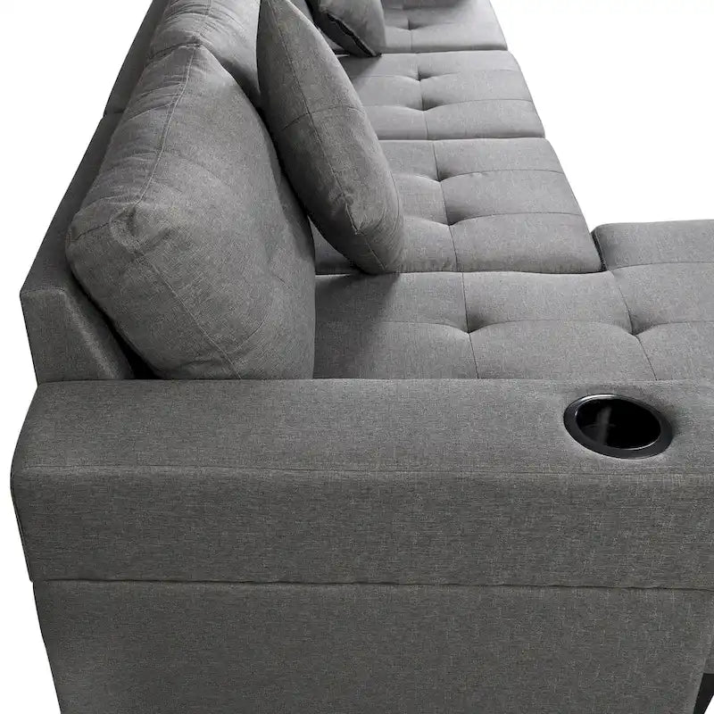 Canapé d'angle moderne avec porte-gobelets et coussins moelleux