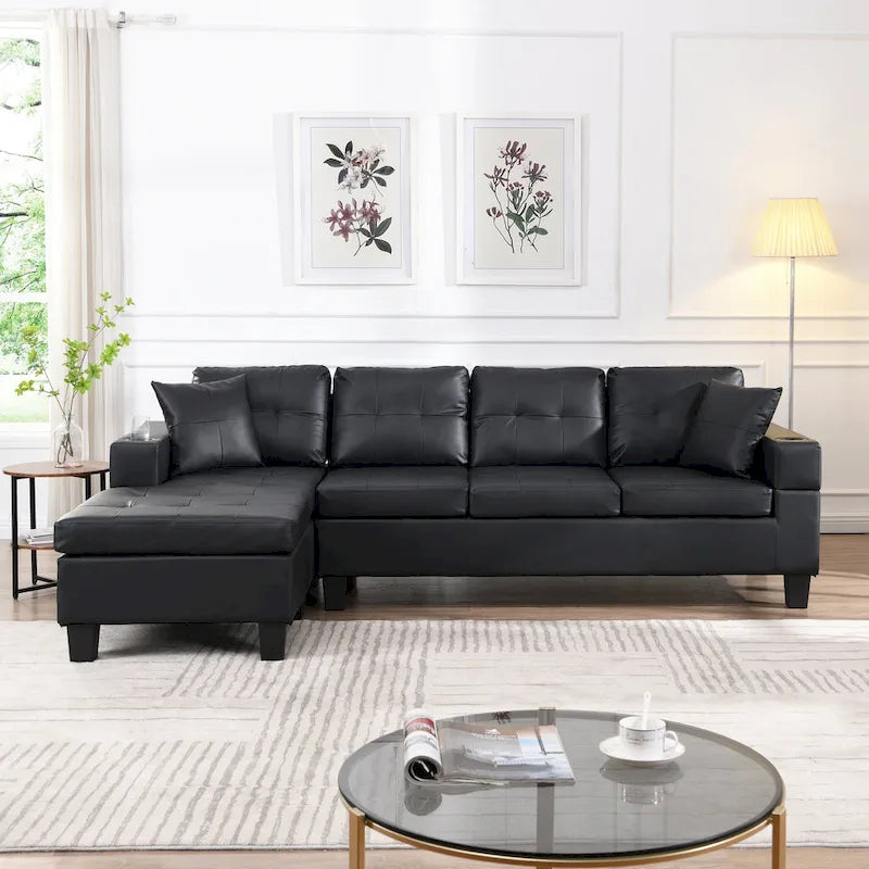 Canapé d'angle moderne avec porte-gobelets et coussins moelleux