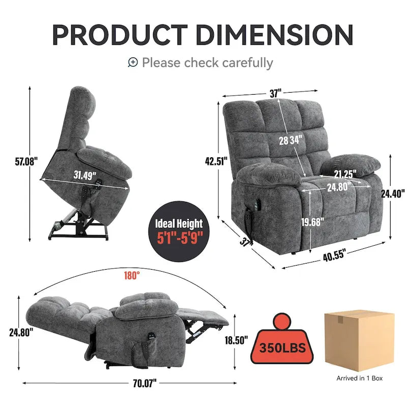 Fauteuil inclinable électrique surdimensionné en chenille avec massage et chauffage lombaire, port de charge, position allongée à 180°