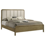 Très grand lit, revêtement en bouclette beige touffeté à canaux verticaux, marron