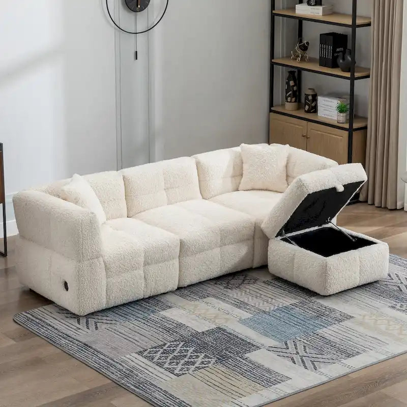 Canapé d'angle douillet en tissu polaire Teddy avec ports USB, pouf de rangement mobile et deux oreillers lombaires