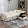 Canapé d'angle douillet en tissu polaire Teddy avec ports USB, pouf de rangement mobile et deux oreillers lombaires