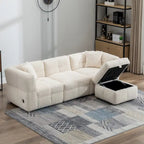 Canapé d'angle douillet en tissu polaire Teddy avec ports USB, pouf de rangement mobile et deux oreillers lombaires
