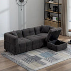 Canapé d'angle douillet en tissu polaire Teddy avec ports USB, pouf de rangement mobile et deux oreillers lombaires