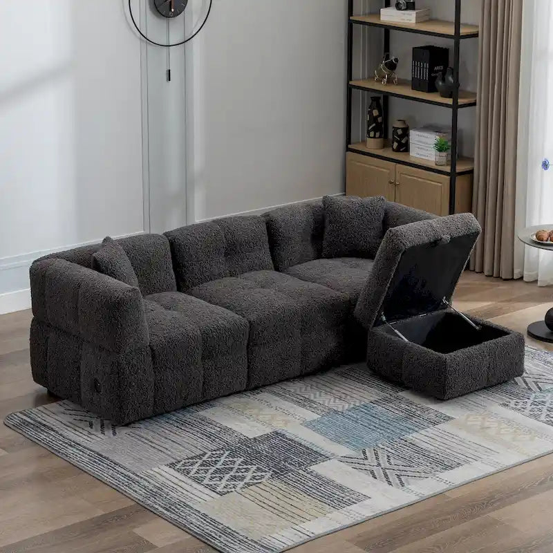 Canapé d'angle douillet en tissu polaire Teddy avec ports USB, pouf de rangement mobile et deux oreillers lombaires