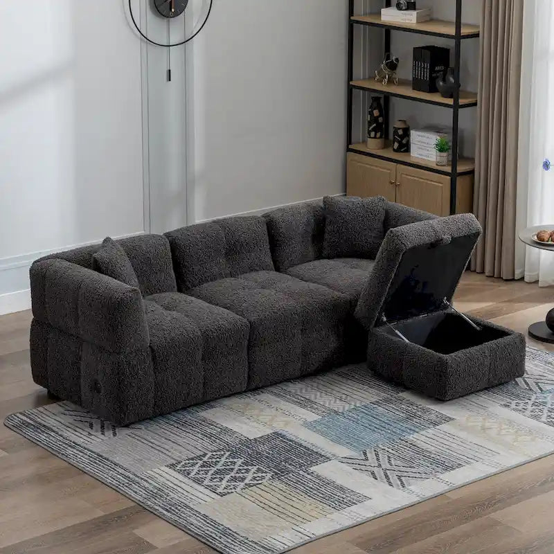Canapé d'angle douillet en tissu polaire Teddy avec ports USB, pouf de rangement mobile et deux oreillers lombaires