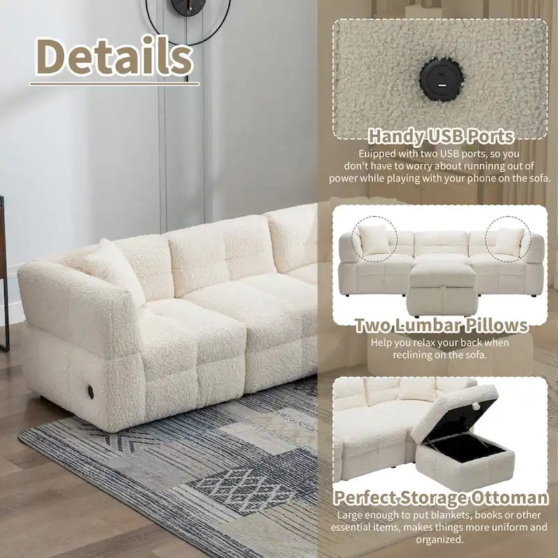 Canapé d'angle douillet en tissu polaire Teddy avec ports USB, pouf de rangement mobile et deux oreillers lombaires