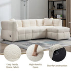 Canapé d'angle douillet en tissu polaire Teddy avec ports USB, pouf de rangement mobile et deux oreillers lombaires