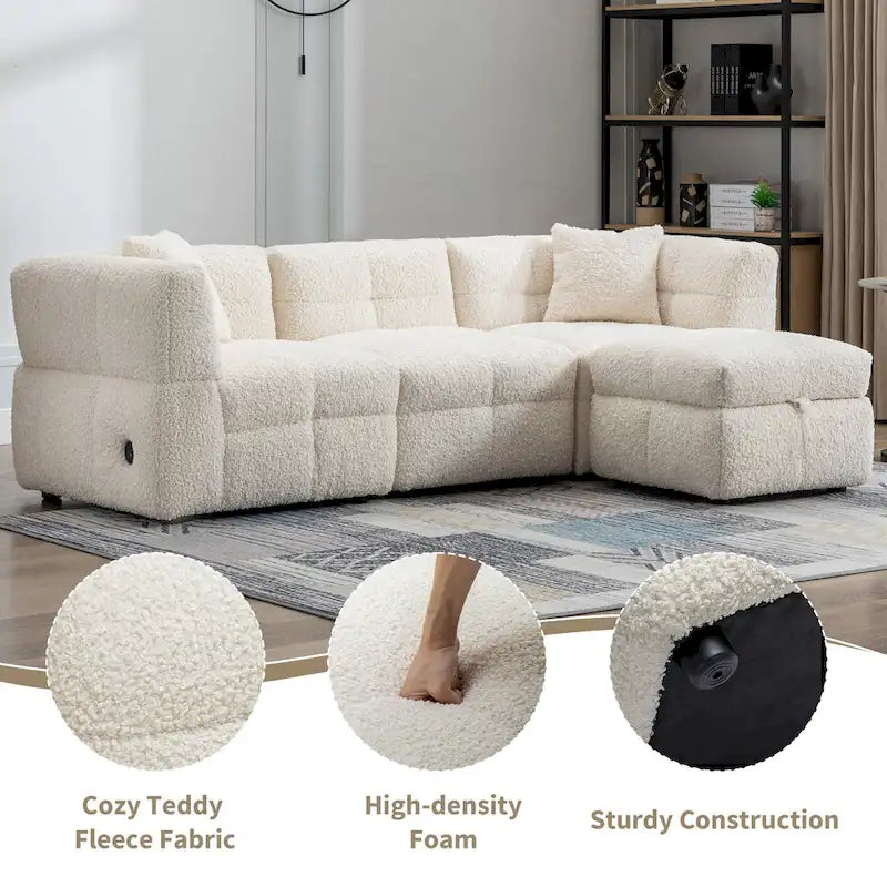 Canapé d'angle douillet en tissu polaire Teddy avec ports USB, pouf de rangement mobile et deux oreillers lombaires