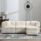 Canapé d'angle douillet en tissu polaire Teddy avec ports USB, pouf de rangement mobile et deux oreillers lombaires