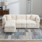 Canapé d'angle douillet en tissu polaire Teddy avec ports USB, pouf de rangement mobile et deux oreillers lombaires