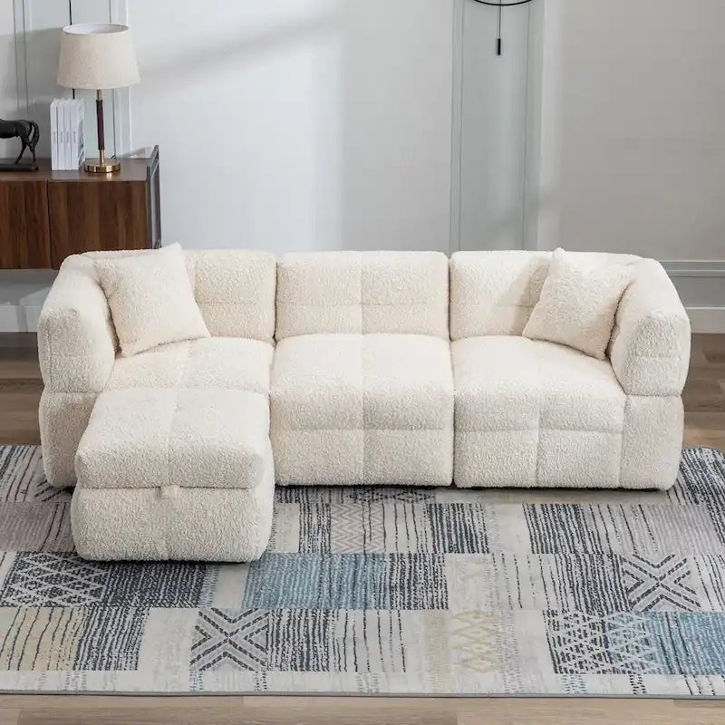 Canapé d'angle douillet en tissu polaire Teddy avec ports USB, pouf de rangement mobile et deux oreillers lombaires