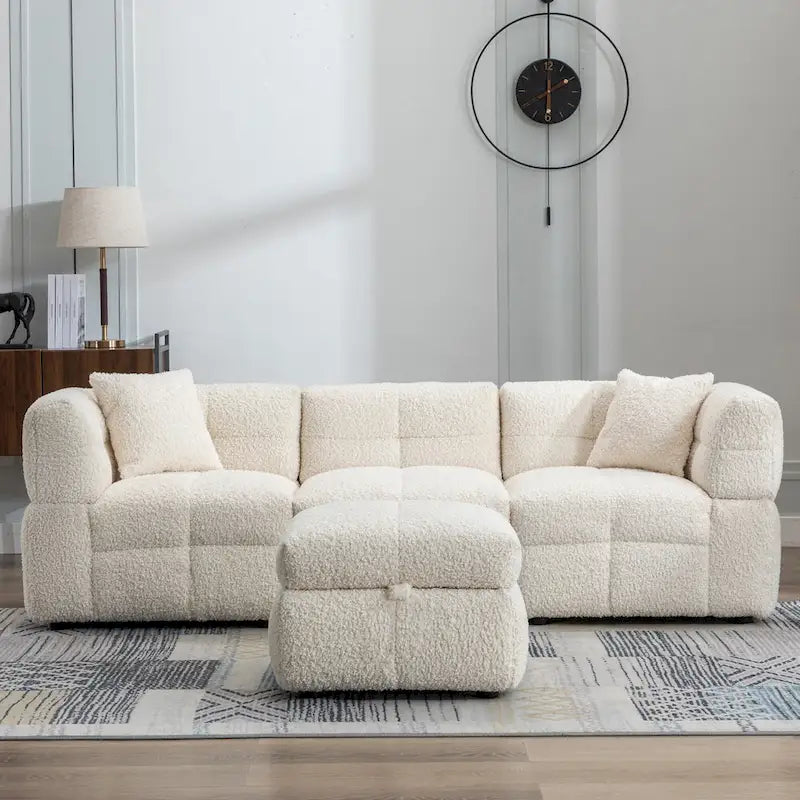 Canapé d'angle douillet en tissu polaire Teddy avec ports USB, pouf de rangement mobile et deux oreillers lombaires