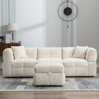 Canapé d'angle douillet en tissu polaire Teddy avec ports USB, pouf de rangement mobile et deux oreillers lombaires