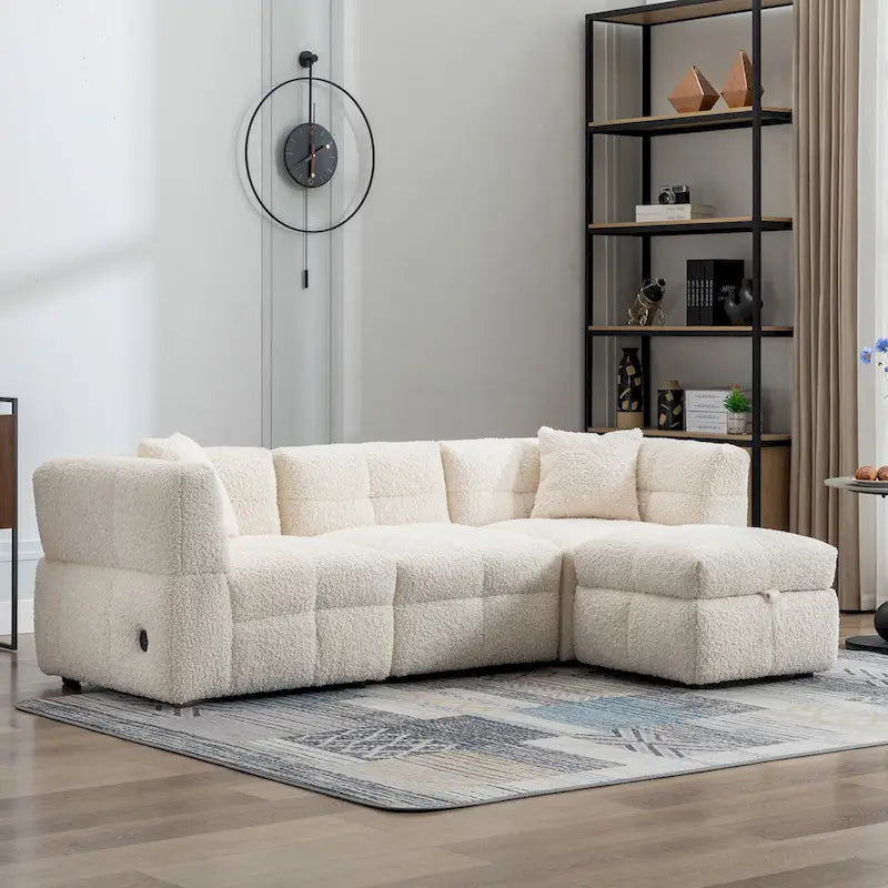 Canapé d'angle douillet en tissu polaire Teddy avec ports USB, pouf de rangement mobile et deux oreillers lombaires