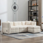Canapé d'angle douillet en tissu polaire Teddy avec ports USB, pouf de rangement mobile et deux oreillers lombaires
