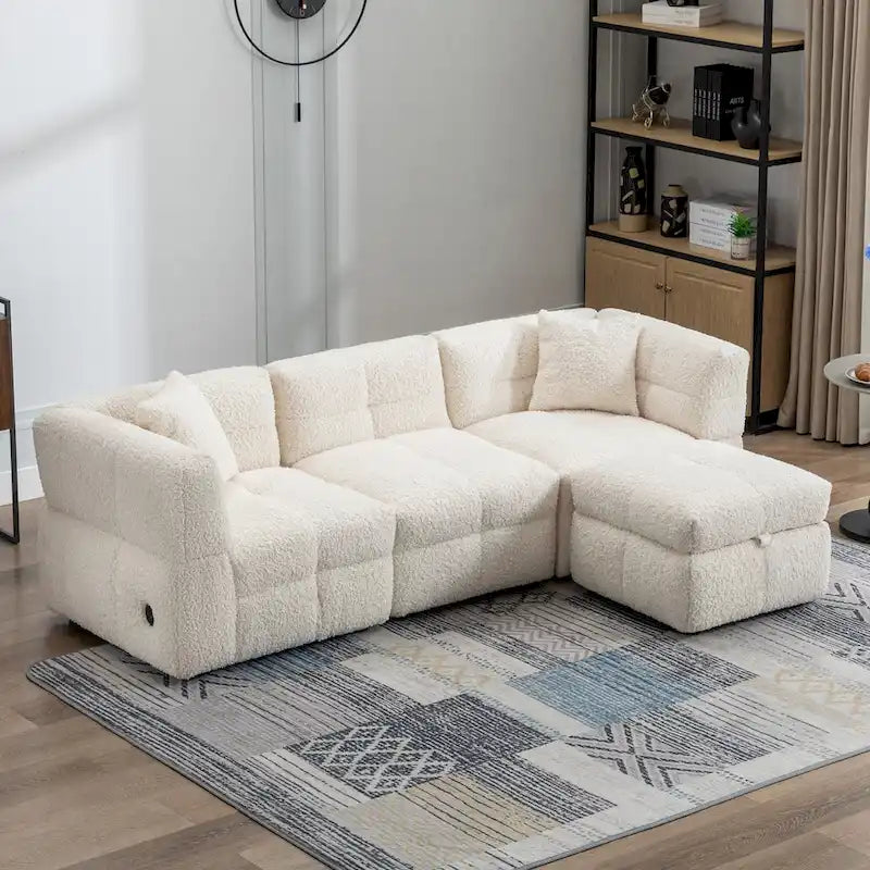 Canapé d'angle douillet en tissu polaire Teddy avec ports USB, pouf de rangement mobile et deux oreillers lombaires