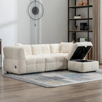 Canapé d'angle douillet en tissu polaire Teddy avec ports USB, pouf de rangement mobile et deux oreillers lombaires