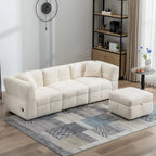 Canapé d'angle douillet en tissu polaire Teddy avec ports USB, pouf de rangement mobile et deux oreillers lombaires