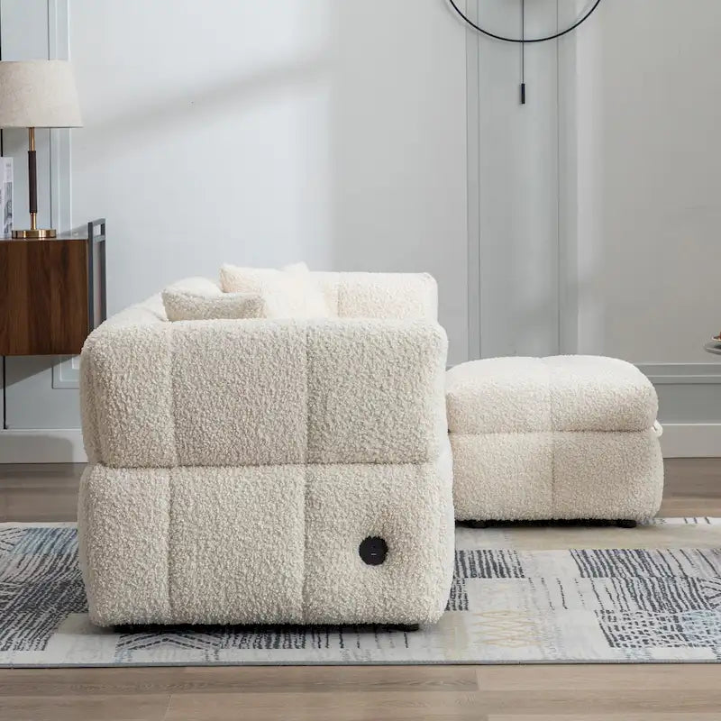 Canapé d'angle douillet en tissu polaire Teddy avec ports USB, pouf de rangement mobile et deux oreillers lombaires
