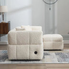 Canapé d'angle douillet en tissu polaire Teddy avec ports USB, pouf de rangement mobile et deux oreillers lombaires