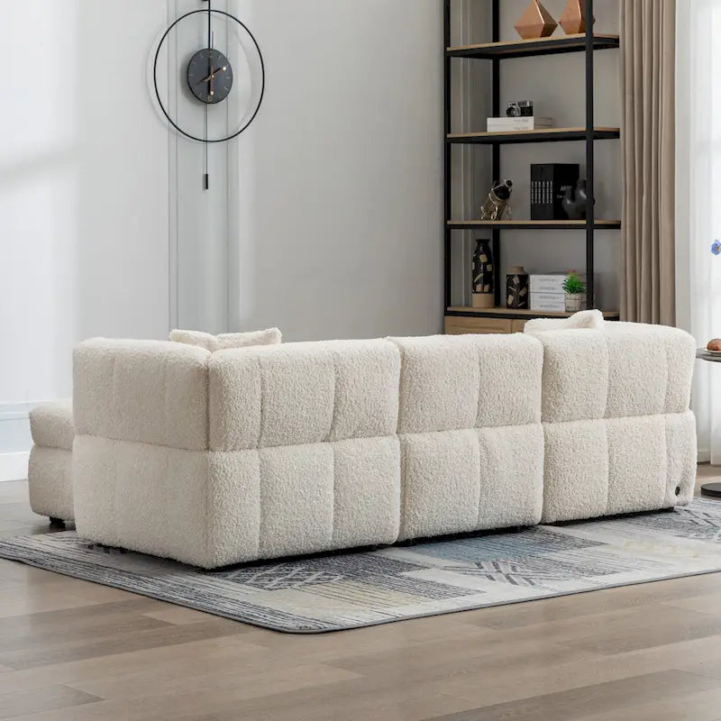 Canapé d'angle douillet en tissu polaire Teddy avec ports USB, pouf de rangement mobile et deux oreillers lombaires