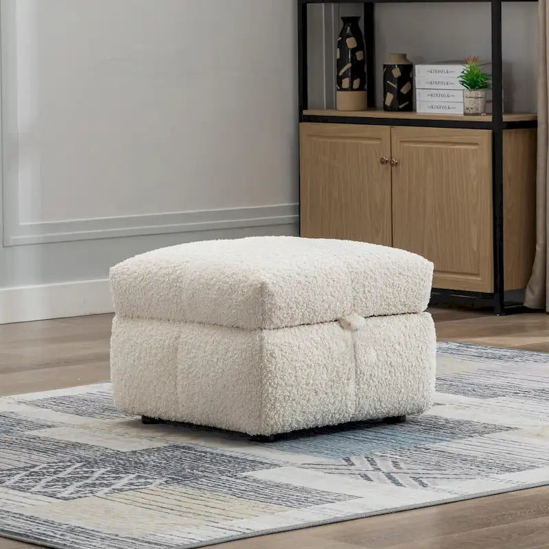 Canapé d'angle douillet en tissu polaire Teddy avec ports USB, pouf de rangement mobile et deux oreillers lombaires