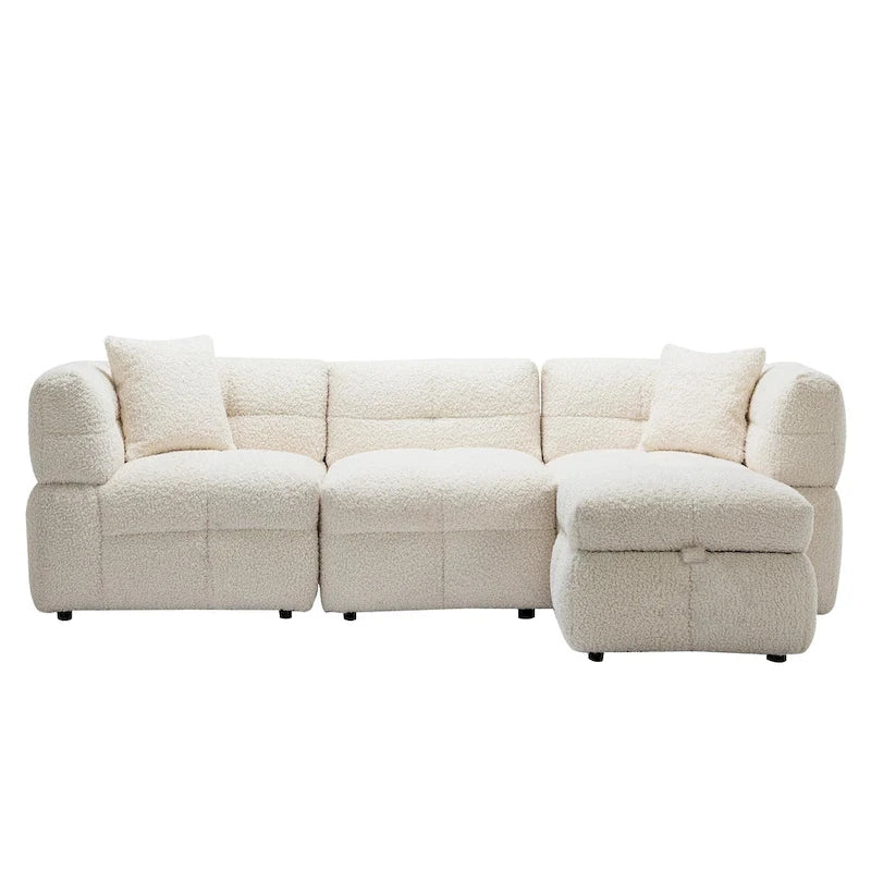 Canapé d'angle douillet en tissu polaire Teddy avec ports USB, pouf de rangement mobile et deux oreillers lombaires