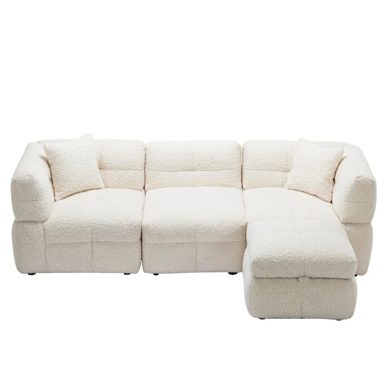 Canapé d'angle douillet en tissu polaire Teddy avec ports USB, pouf de rangement mobile et deux oreillers lombaires