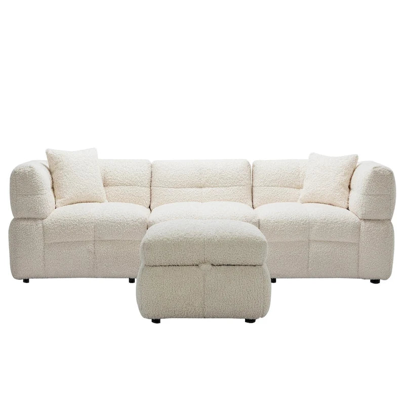 Canapé d'angle douillet en tissu polaire Teddy avec ports USB, pouf de rangement mobile et deux oreillers lombaires