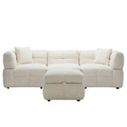 Canapé d'angle douillet en tissu polaire Teddy avec ports USB, pouf de rangement mobile et deux oreillers lombaires