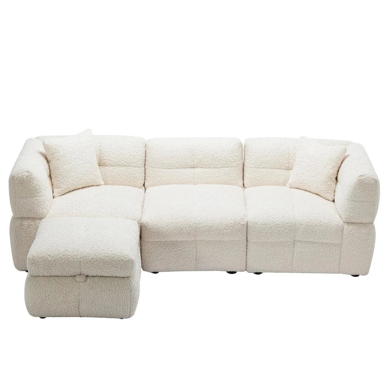 Canapé d'angle douillet en tissu polaire Teddy avec ports USB, pouf de rangement mobile et deux oreillers lombaires