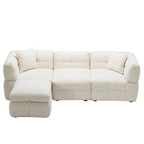 Canapé d'angle douillet en tissu polaire Teddy avec ports USB, pouf de rangement mobile et deux oreillers lombaires