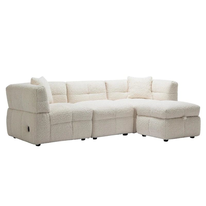 Canapé d'angle douillet en tissu polaire Teddy avec ports USB, pouf de rangement mobile et deux oreillers lombaires