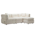 Canapé d'angle douillet en tissu polaire Teddy avec ports USB, pouf de rangement mobile et deux oreillers lombaires