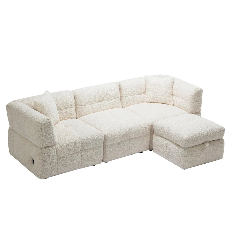 Canapé d'angle douillet en tissu polaire Teddy avec ports USB, pouf de rangement mobile et deux oreillers lombaires