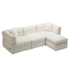 Canapé d'angle douillet en tissu polaire Teddy avec ports USB, pouf de rangement mobile et deux oreillers lombaires