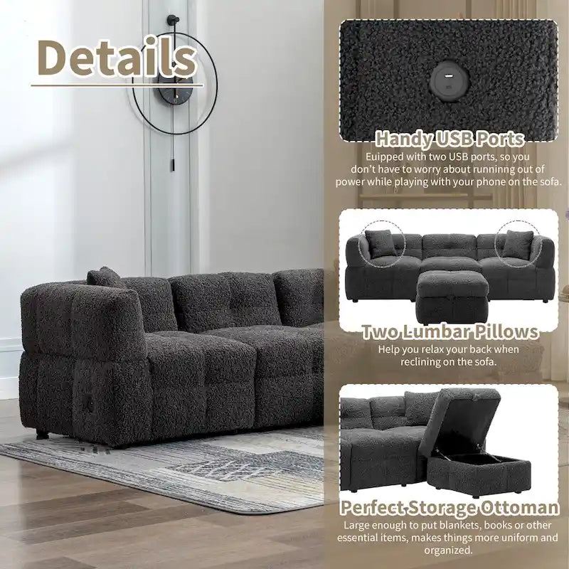 Canapé d'angle douillet en tissu polaire Teddy avec ports USB, pouf de rangement mobile et deux oreillers lombaires