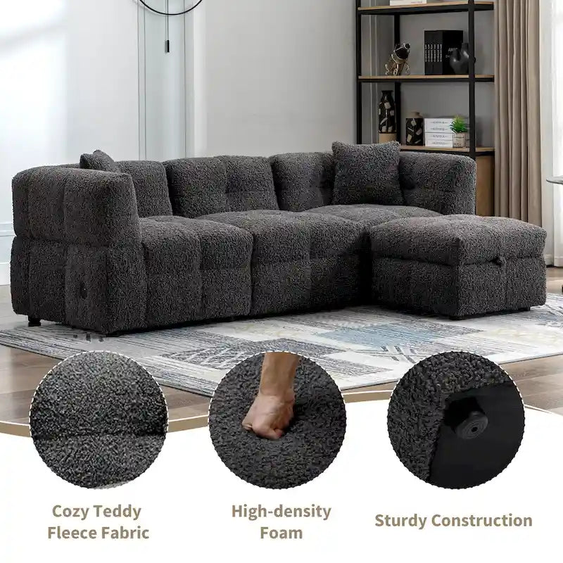 Canapé d'angle douillet en tissu polaire Teddy avec ports USB, pouf de rangement mobile et deux oreillers lombaires