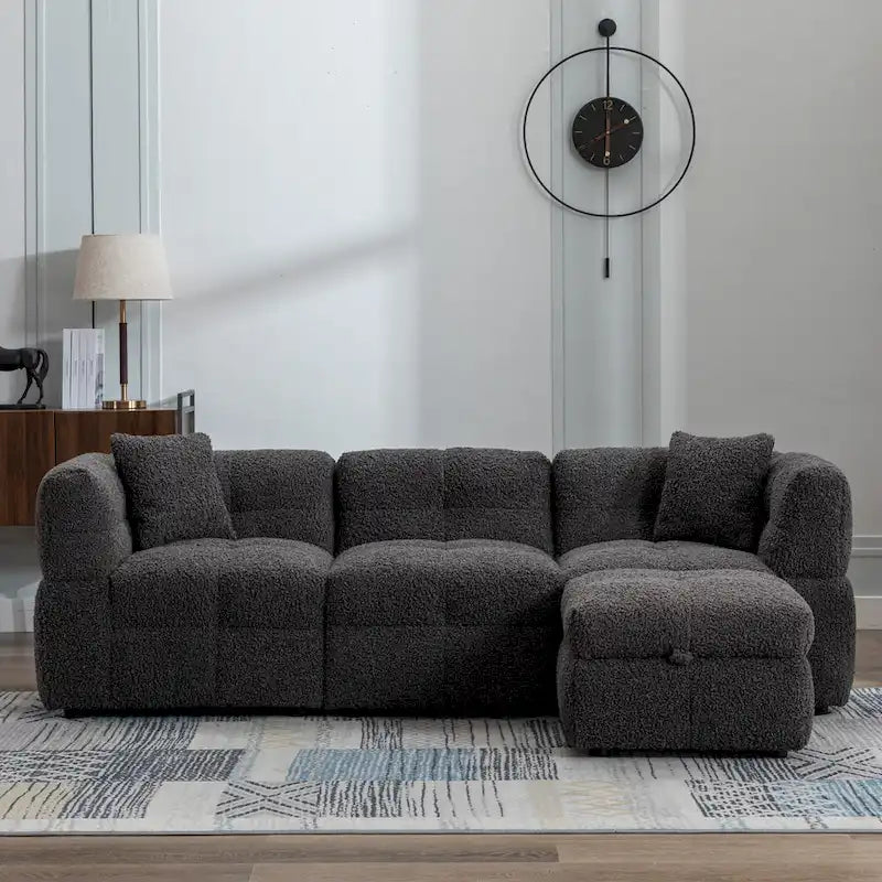 Canapé d'angle douillet en tissu polaire Teddy avec ports USB, pouf de rangement mobile et deux oreillers lombaires