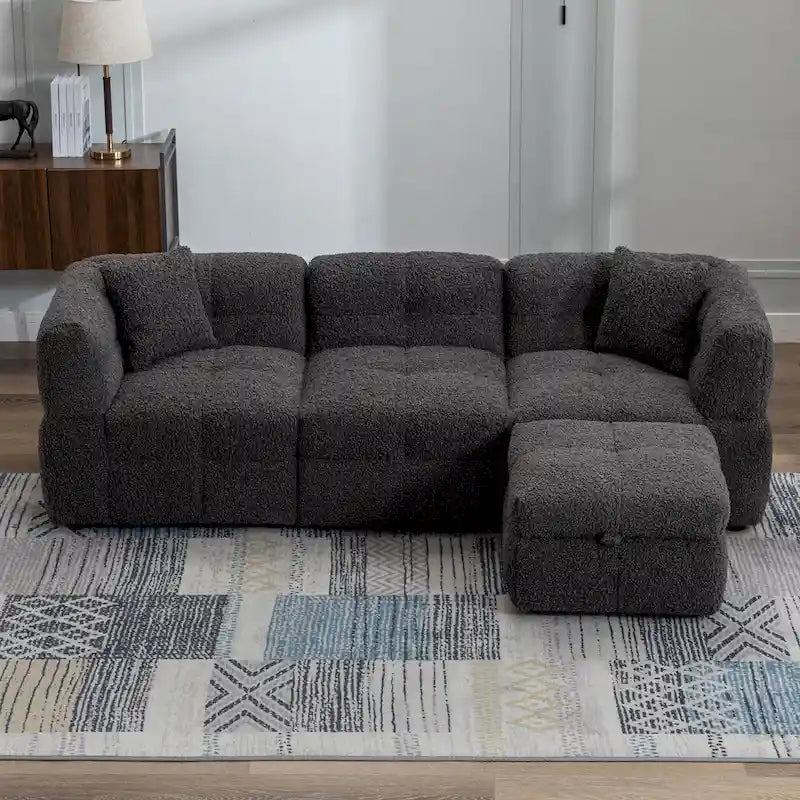 Canapé d'angle douillet en tissu polaire Teddy avec ports USB, pouf de rangement mobile et deux oreillers lombaires