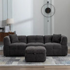 Canapé d'angle douillet en tissu polaire Teddy avec ports USB, pouf de rangement mobile et deux oreillers lombaires