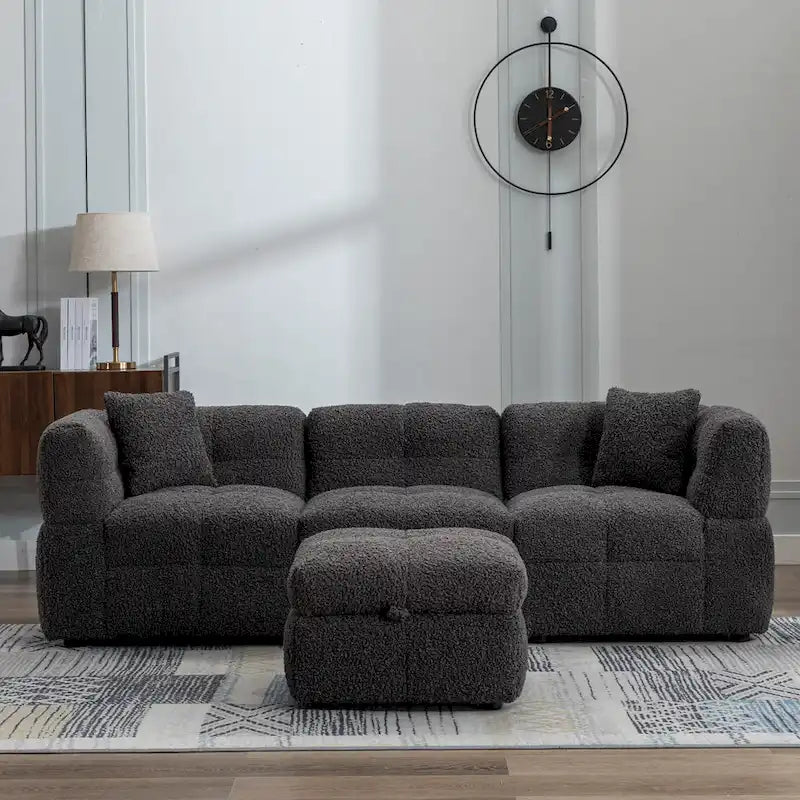 Canapé d'angle douillet en tissu polaire Teddy avec ports USB, pouf de rangement mobile et deux oreillers lombaires