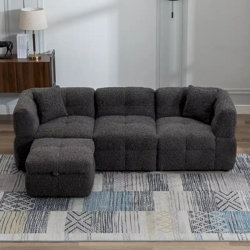 Canapé d'angle douillet en tissu polaire Teddy avec ports USB, pouf de rangement mobile et deux oreillers lombaires