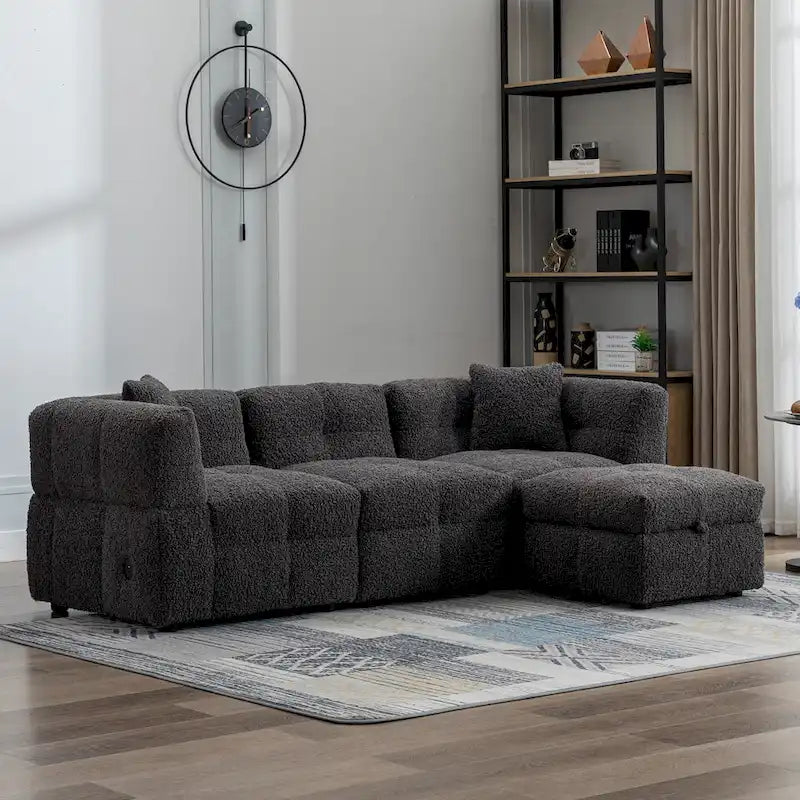 Canapé d'angle douillet en tissu polaire Teddy avec ports USB, pouf de rangement mobile et deux oreillers lombaires