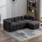 Canapé d'angle douillet en tissu polaire Teddy avec ports USB, pouf de rangement mobile et deux oreillers lombaires