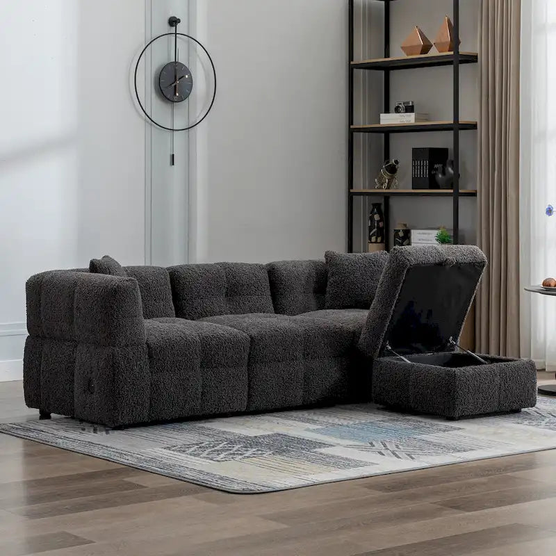 Canapé d'angle douillet en tissu polaire Teddy avec ports USB, pouf de rangement mobile et deux oreillers lombaires
