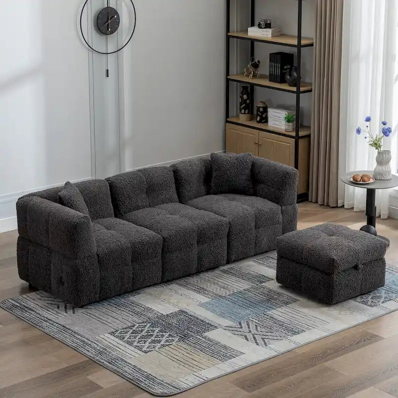 Canapé d'angle douillet en tissu polaire Teddy avec ports USB, pouf de rangement mobile et deux oreillers lombaires