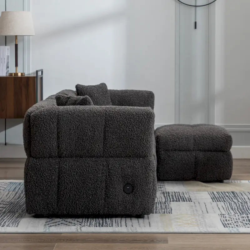 Canapé d'angle douillet en tissu polaire Teddy avec ports USB, pouf de rangement mobile et deux oreillers lombaires