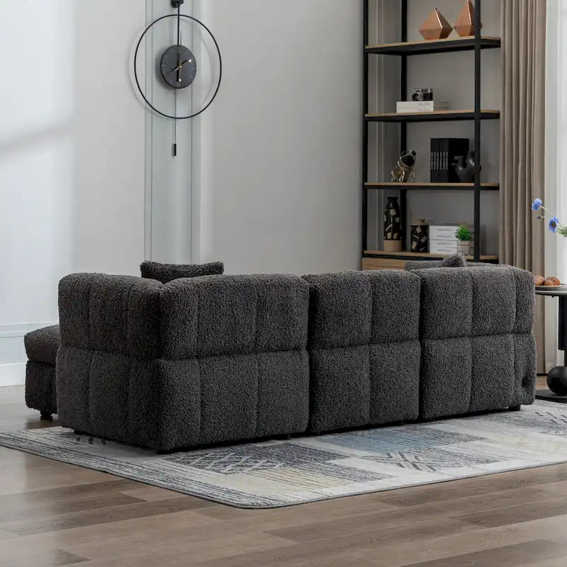 Canapé d'angle douillet en tissu polaire Teddy avec ports USB, pouf de rangement mobile et deux oreillers lombaires